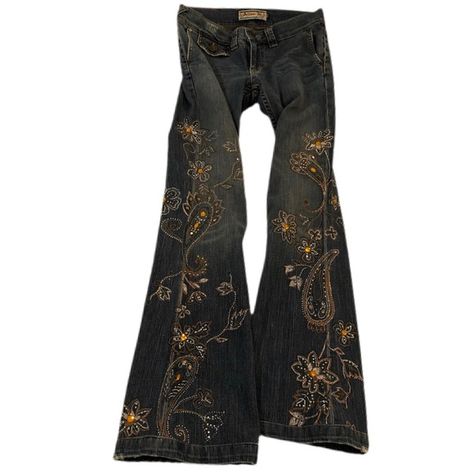 Vintage Y2K Embroidered Jeans Vintage Embroidered Jeans, Y2k Embroidered Jeans, Embroidered Jeans Outfit, Embroided Jeans, 90s Vintage Fashion, Stitched Jeans, Jean Embroidery, Beaded Jeans, Funky Jeans