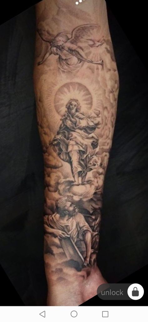 Christian God Tattoos For Men, Heavenly Tattoos For Men, Catholic Sleeve Tattoo Men, Moses Parting The Red Sea Tattoo, Classical Art Inspired Tattoos, Heaven Sleeve Tattoo, God Leg Tattoo Men, Biblical Forearm Tattoos For Men, Christian Arm Sleeve Tattoos