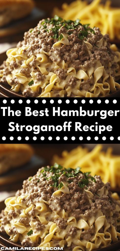 This flavorful Hamburger Stroganoff blends ground beef, mushrooms, and a creamy sauce for a delightful meal. Serve it over egg noodles for a cozy, satisfying dinner option that everyone will enjoy. Easy Hamburger Stroganoff Recipe, Hamburger Beef Stroganoff, Beef And Mushroom Recipe, Ground Beef Mushrooms, Hamburger Stroganoff Recipe, Fun Dinner Ideas, Hamburger Stroganoff, Hamburger Meals, Hamburger Dishes