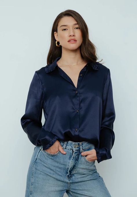 Outfit Inspiration for a Memorable Girls' Night Out - Melanie's Fab Finds Navy Satin Shirt Outfit, Blue Blouse Outfit, Navy Silk Shirt, Silk Top Outfit, Satin Shirt Outfit, Silk Blouse Outfit, Blue Top Outfit, Silk Shirt Outfit, Satin Blouse Outfit