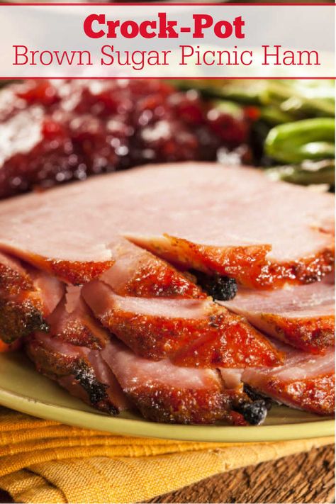 Crock-Pot Brown Sugar Picnic Ham - If you need a holiday ham recipe this simple 4 ingredient Crock-Pot Brown Sugar Picnic Ham is just the ticket! The picnic ham cut comes out nice and tender with just a touch of sweetness from brown sugar and pineapple. Serve for Christmas, Thanksgiving or Easter or any day you want a delicious ham for dinner! [Gluten Free & Low Sodium] #CrockPotLadies #CrockPot #SlowCooker #HamRecipes Ham For Dinner, Picnic Ham, Ham Recipes Crockpot, Holiday Ham Recipes, Dinner Gluten Free, Crockpot Ham, Slow Cooker Ham, Holiday Ham, Ham Recipe