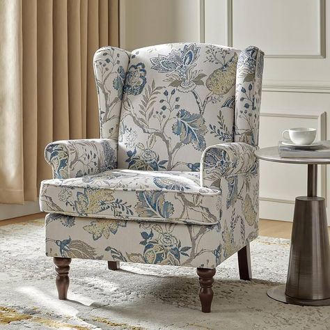 Amazon.com: HULALA HOME Wingback Accent Chair with Retro Wood Legs, Traditional Fabric Armchair for Living Room Bedroom, Comfy Upholstered Single Sofa Chair Reading Chair with Unique Pattern Design, Blue : Home & Kitchen 2000s Home, Fantasy Library, Coastal Living Room Ideas, Wingback Accent Chair, Traditional Armchairs, Single Seat Sofa, Living Room Built Ins, Wingback Chairs, Cottage Living Room