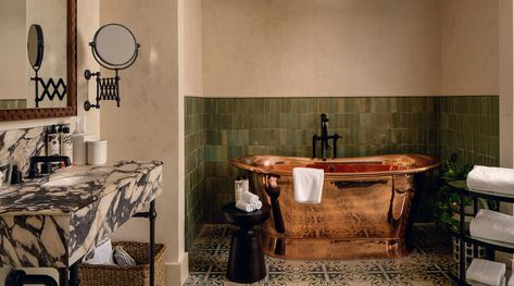 House Layout And Renovation Tips | Soho Ideas | Soho Home Soho Farmhouse, Beautiful Bathroom Designs, Copper Tub, Outdoor Tub, Timber Ceiling, House Bathrooms, Wooden Wall Panels, Clarence House, Austin Homes