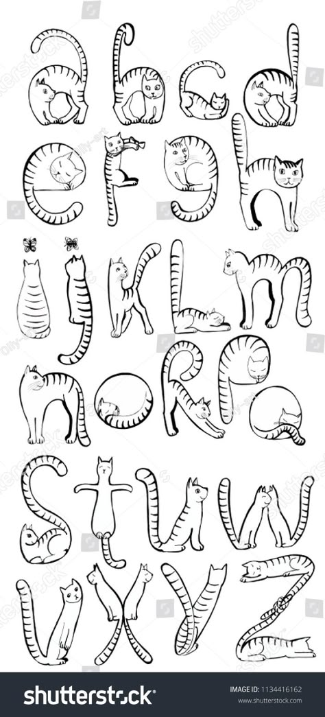 Cats In Different Poses, Alphabet Doodle Art Lettering Ideas, Funny Alphabet Letters, Funny Fonts Alphabet, Alphabet Decoration Ideas, Cat Letters Alphabet, Cat Fonts Alphabet, Embroidery Cat Easy, Doodle Art Alphabet