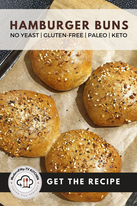 image of four low carb hamburger buns on the parchment paper Keto Psyllium Husk Recipes, Keto Fluffy Skillet Buns, Psyllium Husk Powder Recipes, Buns No Yeast, Psyllium Husk Recipe, Keto Bun, Keto Dinner Rolls, Low Carb Bun, Dinner Rolls Easy