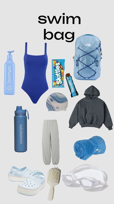 Swim Class Outfit, Swim Bag Aesthetic, Swim Team Essentials, Swimmer Wishlist, After Swimming Outfits, Swimming Benefits For Women, Swimmer Essentials, Swimmer Bag, Swimmer Outfits