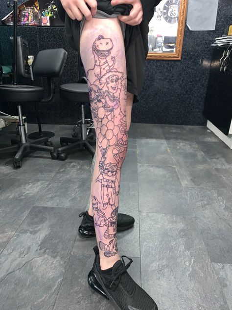 Cartoon Theme Tattoo Sleeve, Disney Full Sleeve Tattoo, Cartoon Network Tattoo Sleeve, Pixar Tattoo Sleeve, Disney Tattoo For Men, Disney Leg Sleeve Tattoo Black And White, Pixar Cars Tattoo, Disney Pixar Tattoos, Disney Leg Tattoo