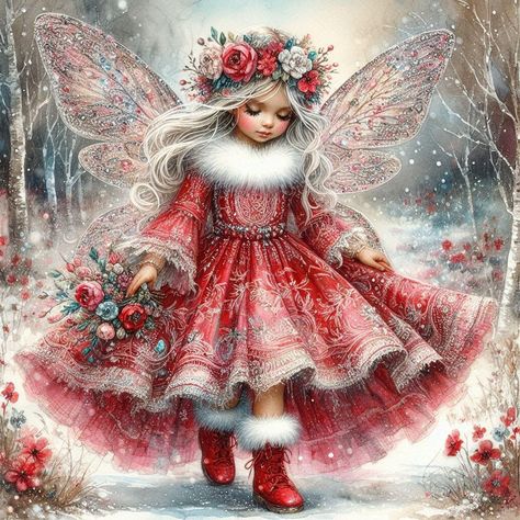 Christmas Fairy Wallpaper, Vintage Pink Christmas, Fairy Wallpaper, Fairy Illustration, Christmas Artwork, Vintage Christmas Images, Fairy Artwork, Cute Fantasy Creatures, Baby Fairy