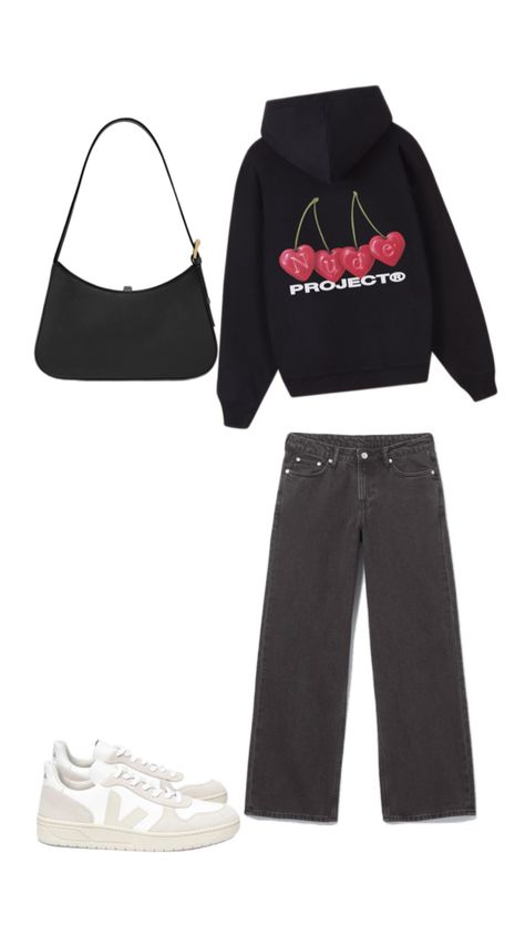 Elevate your everyday look with this effortlessly cool street style ensemble. Featuring a bold black hoodie from Nude Project with a playful cherry graphic, paired with relaxed fit charcoal jeans for the perfect casual vibe. Complete the look with Veja sneakers for a touch of eco-friendly fashion, and a sleek black shoulder bag to keep it all stylish and functional. Ideal for a laid-back day out or a chic weekend look! #StreetStyle #CasualOutfit #NudeProject #Veja #OOTD #FashionInspo #PinterestFashion #Chic White Fox Cherry Hoodie, Knit Essentials Hoodie Outfit, Essentials Knitted Hoodie Outfit, Red Christy Hoodie Outfit, Cherry La Sweatshirt, Casual Chic Street Style, Charcoal Jeans, Nude Project, Cherry Graphic