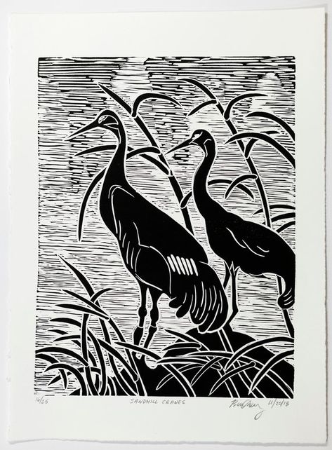 Sandhill Cranes, Art Printmaking, Relief Printmaking, Linoleum Print, Linocut Printmaking, Lino Art, Great Blue Heron, Linocut Art, Arte Inspo