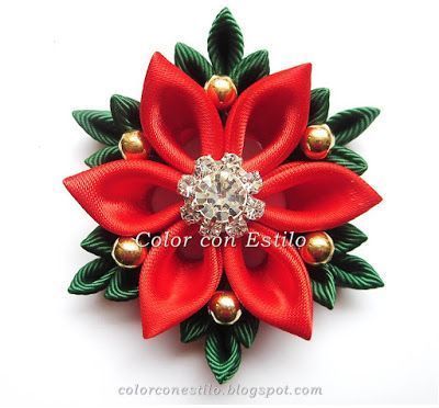 Holiday Hair Accessories, Ribbon Flowers Diy, Kanzashi Tutorial, Ribbon Flower Tutorial, Christmas Snowflakes Ornaments, Quilling Christmas, Satin Ribbon Flowers, Fabric Flower Brooch, Ribbon Sculpture