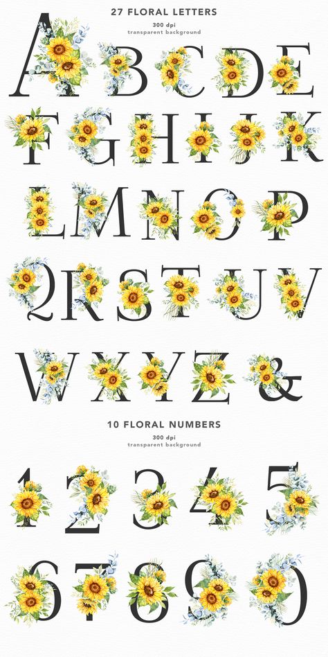 Sunflower Letters, Letters Watercolor, Alphabet Watercolor, Watercolor Alphabet, Png Wedding, Font Png, Floral Alphabet, Png Floral, Printable Books