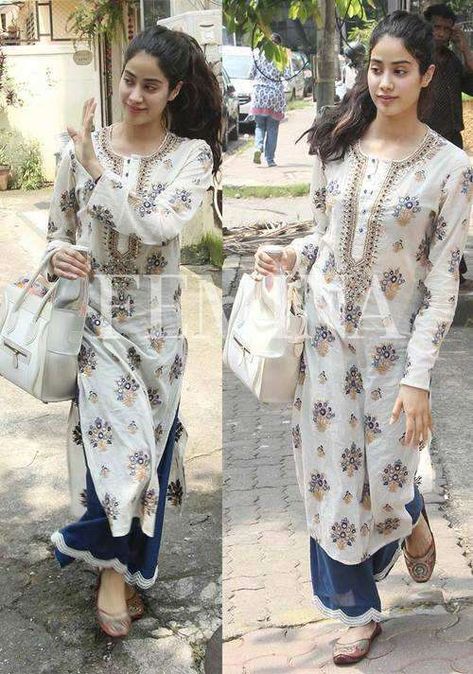 Janhvi Kapoor desi style | Femina.in Kurta With Palazzo, Indian Kurti Designs, Women Kurta, Indian Designer Suits, Simple Kurta Designs, Janhvi Kapoor, Simple Kurti Designs, Casual Indian Fashion, Casual College Outfits