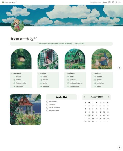 Ghibli Notion, Aesthetic Ghibli, Notion Setup, Free Digital Planner, Notion Ideas, Notion Aesthetic, Character Template, My Aesthetic, Notes Inspiration