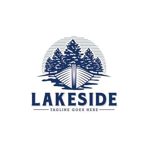 Vector vintage lakeside logo design illu... | Premium Vector #Freepik #vector #hill-logo #lake-logo #silhouette-logo #explore-logo Wood Template, Adventure Background, Lake Logo, Riverside Landscape, Eco Business, Marine Logo, Sea Logo, Logo Design Illustration, Resort Logo