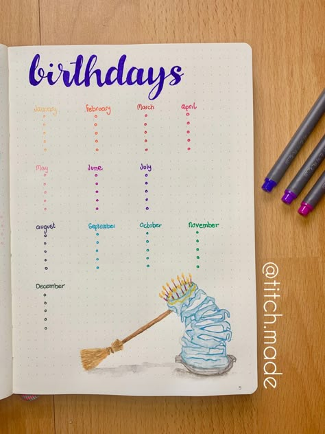 Disney Bullet Journal, Bullet Journal Birthday Tracker, Disney Themed Birthday, Bullet Journal Contents, Birthday Tracker, Bullet Journal Ideas Templates, Diy Travel Journal, Creating A Bullet Journal, Bullet Journal Mood Tracker Ideas