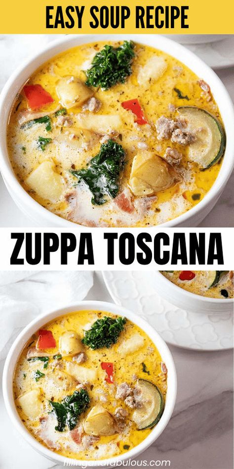 This easy soup recipe for stovetop Zuppa Toscana is a comforting, delicious Olive Garden Zuppa Toscana soup copycat. Packed with savory sausage and kale, it will quickly become a family favorite! Olive Garden Soups Zuppa, Toscana Soup Olive Garden, Olive Garden Zuppa Toscana Soup, Zuppa Toscana Soup Olive Garden, Zuppa Toscana Soup Recipe, Toscana Soup Recipe, Soup Olive Garden, Olive Garden Zuppa, Olive Garden Soups