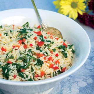 Healthy Rice Recipe With Spinach, Red Pepper and Feta Cheese | Farm Flavor Rice With Spinach, Cheese Farm, Recipe With Spinach, Pepper Rice, Healthy Rice Recipes, Spinach Rice, Veggie Broth, Cheese Rice, Healthy Rice