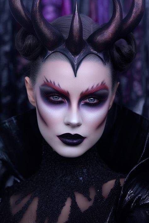 Halloween Malevolent Maleficent makeup inspired by famous Disney villain Maleficient Makeup, Drag Inspired Makeup, Pale Face Makeup, Movie Hairstyles, Villain Makeup, Evil Queen Makeup, Disney Villains Makeup, Maleficent Makeup, Vintage Halloween Costumes