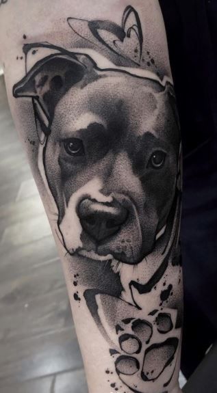 Minimal Dog Tattoo Pitbull, Black Pitbull Tattoo, Dark Dog Tattoo, Simple Dog Portrait Tattoo, Dog Portraits Tattoo, Blackwork Dog Tattoo, Dog Sleeve Tattoos For Women, Pitbull Memorial Tattoo, Staffy Dog Tattoo