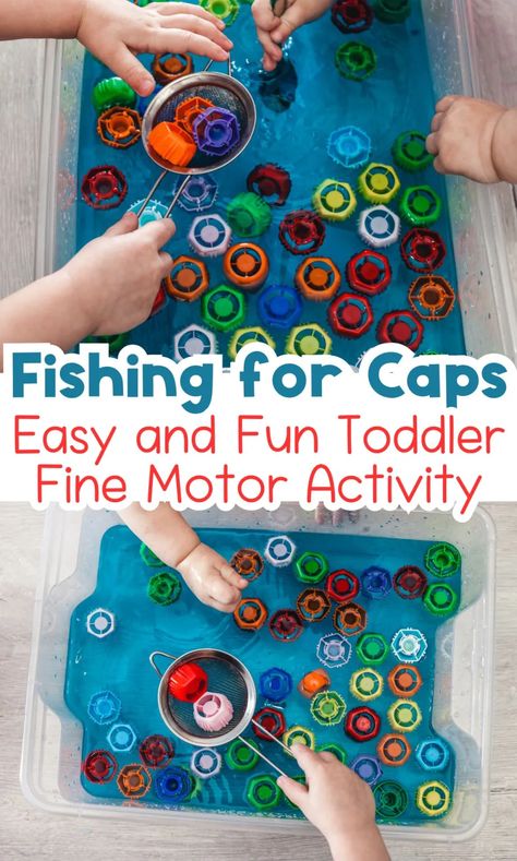 Fishing for Caps Toddler Fine Motor Water Play - In The Playroom Sensory Bins Transportation, Toddler Water Play Ideas, Fishing Activities For Toddlers, One Year Old Activities Daycare Lesson Plans, Water Lesson Plans For Toddlers, Indoor Water Activities For Toddlers, Toddler Room Activities, Hot Day Activities Toddler, Water Art For Toddlers