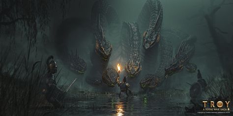 "Total War: TROY Hydra" by Kalin Popov Warcraft Movie, Cyberpunk 2020, Giant Monsters, Marketing Images, Manga Artist, Mythological Creatures, Bronze Age, Creature Concept, Fantastic Beasts