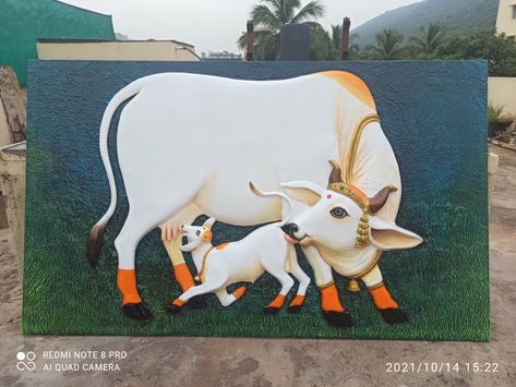 Cow and calf fiberglass mural Cow Mural, Outside House Decor, Cow Sketch, Cow And Calf, Ganpati Bappa Wallpapers, Cow Wallpaper, Cow Drawing, Creative Wall Painting, Swans Art