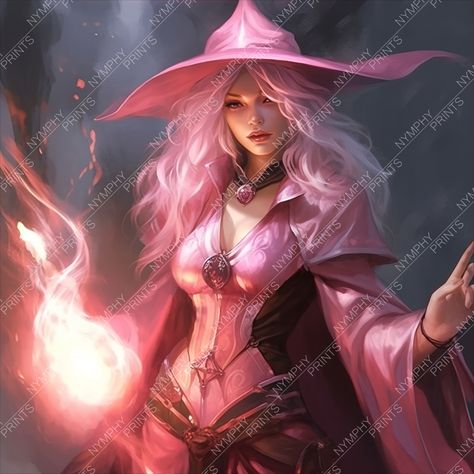 Step into a realm where magic and style converge, where a sorceress clad in fabulous pink attire channels her mystical powers with undeniable flair. This poster captures the essence of her magical presence.With its vibrant colors and captivating details, this artwork adds a touch of mysticism and charm to any space.Meet the bewitching sorceress, adorned in her dazzling pink garments.Her robes flow with elegance, adorned with intricate patterns and vibrant hues that make a bold fashion statement. Pink Haired Witch, Pink Attire, Pink Witch, Magic Woman, Pink Magic, Witch Characters, Black Mage, Pathfinder Character, Magic Women