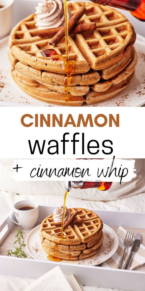 Cinnamon Waffles Recipe, Waffles Brunch, Fall Waffles, Apple Cinnamon Waffles, Weekend Breakfast Recipes, Cinnamon Whipped Cream, Easy Waffle Recipe, Cinnamon Waffles, Cinnamon Roll Waffles