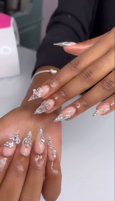 Birthday Silver Nails, Dope Nail Designs Almond, Birthday Nails Silver, Stiletto Nails Black Women, Stiletto Birthday Nails, Short Stiletto Nails Designs, Silver Stiletto Nails, Stiletto Acrylic Nails, Short Stiletto Nails