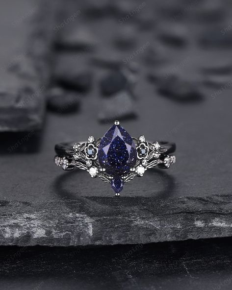 Engagement Rings Space, Blue Black Clothes, Dark Fairy Engagement Ring, Dark Blue Wedding Ring, Galaxy Ring Engagement, Starry Engagement Ring, Feyre Engagement Ring, Blue Sandstone Engagement Ring Silver, Night Court Jewelry