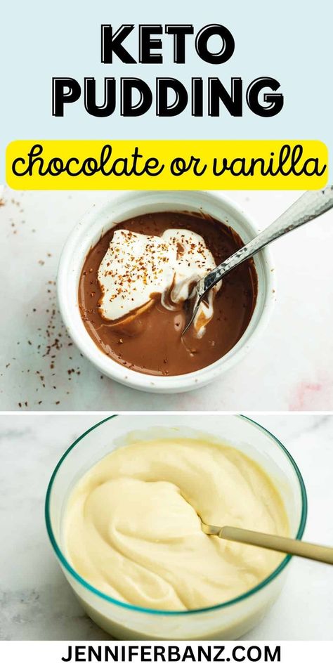 This is a homemade keto pudding recipe that can be cooked in about 10 minutes and requires only a handful of ingredients.  You can make chocolate or vanilla pudding that will take you back to your childhood and tastes 10 times better than boxed sugar-free pudding mixes! Keto Pudding Recipes, Keto Mousse, Vanilla Pudding Recipes, Sugar Free Vanilla Pudding, Keto Pudding, Ketogenic Desserts, Chocolate Pudding Recipes, Pudding Chocolate, Sugar Free Pudding