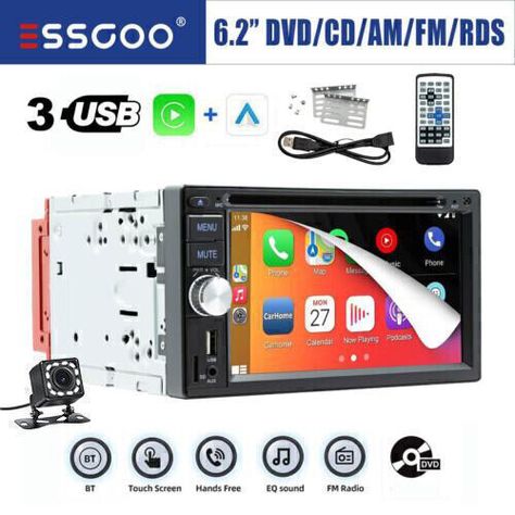 Description Features: Apple Carplay & Android Auto:6.2 Inch double DIN car stereo, compatible with Carplay and Android Auto. You simply connect your mobile phone with a USB cable, which allows you to receive GPS navigation, calls/messages, play music and FM/AM radio, etc. on this double DIN car stereo with Bluetooth. Car Multimedia player with DVD/CD: The car stereo CD-DVD player is compatible with most audio and video formats. You can listen to the radio while driving. DVD videos can play your favorite songs. Phone Mirror Link The car stereo with CD/DVD player supports the Mirror Link function, synchronizes your phone with the on-board screen via a USB cable, and displays maps, movies, YouTube, etc. It has a 6.2-inch HD touch screen with a resolution of 800*480 and supports 1080P video pl Double Din Car Stereo, Am Radio, Cd Dvd, Android Auto, Dvd Player, Gps Navigation, Car Stereo, Apple Car Play, Fm Radio