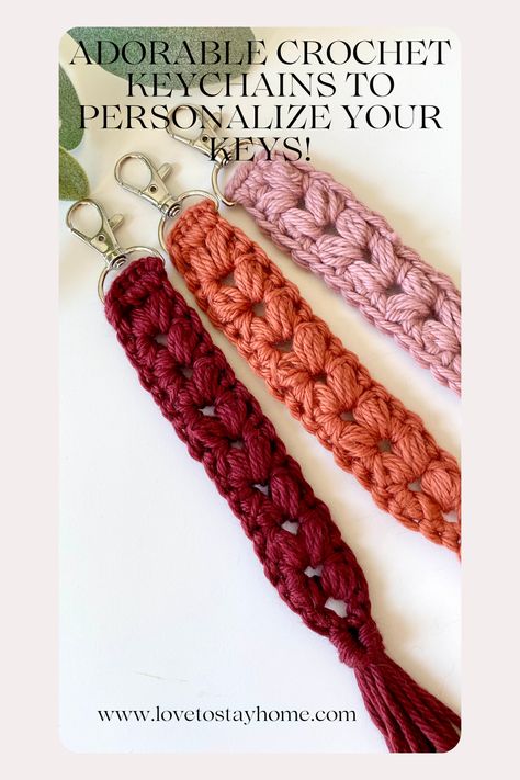 Crochet keychains in wine red, pumpkin orange and pale pink Crochet Key Chains, Crochet Keyring Free Pattern, Crochet Lanyard, Crochet Projects To Sell, Crochet Craft Fair, Wristlet Patterns, Crochet Keychains, Quick Crochet Projects, Fast Crochet