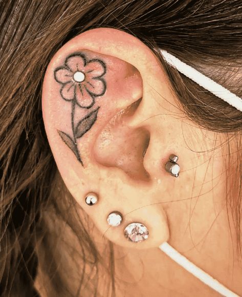 Flower In Ear Tattoo, Ear Lobe Tattoo For Women, Ear Tattoo With Piercing, Tattoo Ideas Female Ear, Tattoo Ideas Ear, Cartilage Tattoo, Ear Lobe Tattoo, Inside Ear Tattoos, Ear Tattoo Design