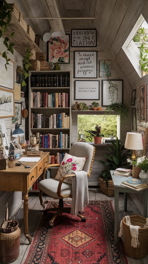 Feminine Decor Ideas, Bohemian Office Ideas, Eclectic Home Office Ideas, Cottage Core Home Office, Earthy Office Decor, Cottage Style Office, Boho Office Space Workspaces, Boho Office Space, Eclectic Office Decor