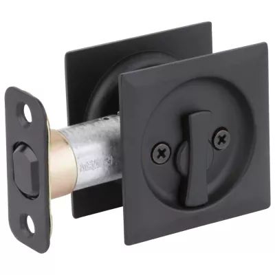 Matte Black 93350 - Square Pocket Door Lock | Kwikset Barn Door Lock Ideas, Sliding Door For Bathroom, Door Lock Ideas, Grey Tile Floor, Pocket Door Locks, New Interior Doors, Camper Updates, Basement Guest Room, Door For Bathroom