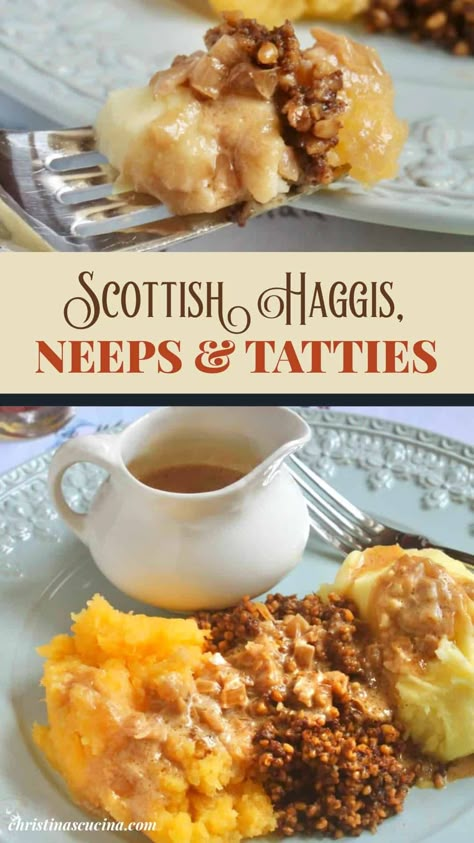 Haggis, neeps and tatties served on a plate is an easy, Scottish comfort food. Serve plain, or with a quick whisky sauce for Burns Night. Whiskey Sauce For Haggis, Scottish Dishes Traditional, Easy Scottish Recipes, Scottish Recipes Traditional, Scottish Rumbledethumps, Neeps Tatties, Burns Night Menu, Scottish Dinner, Scottish Scran