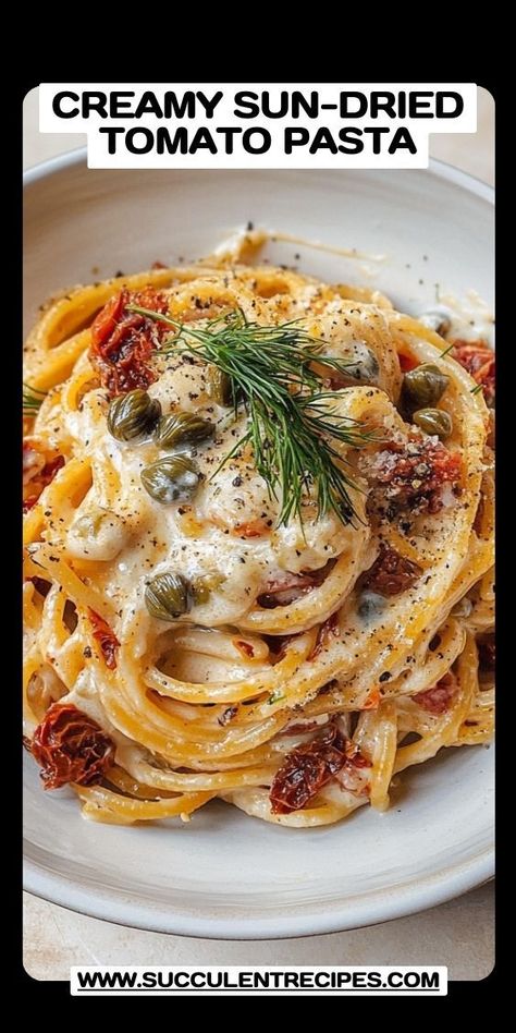 Whip up this gourmet-inspired Creamy Sun-Dried Tomato Pasta! The briny capers and fresh dill perfectly balance the creamy sauce for a dinner that’s as quick as it is delicious. Kale And Sundried Tomato Pasta, Delicious Soft Foods, Caper Pasta Recipes, Pasta With Sun Dried Tomatoes Recipes, Sun Dried Tomato Pasta Sauce, Creamy Sundried Tomato Pasta, Pasta With Capers, Pasta With Sundried Tomatoes, Dill Pasta