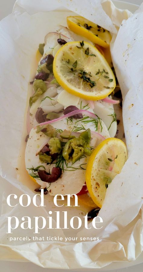 cod en papillote (cod in parchment paper) - The Culinary Chase Cod Fish Foil Packets For The Oven, Cod In Parchment, Parchment Paper Recipes, Papillote Recipes, Ocean Food, Cod Fish Recipes, Trout Recipes, Fish Fillets, Olive Recipes