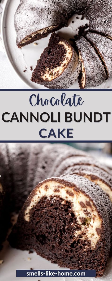 Cream Filled Bundt Cake Recipes, Recipes With Bundt Pan, Ricotta Bundt Cake Recipes, Chocolate Cannoli Cake, Pudding Filled Bundt Cake Recipes, Cannoli Bundt Cake, Italian Chocolate Cake, Filled Bundt Cake Recipes, Chocolate Cannoli Recipe