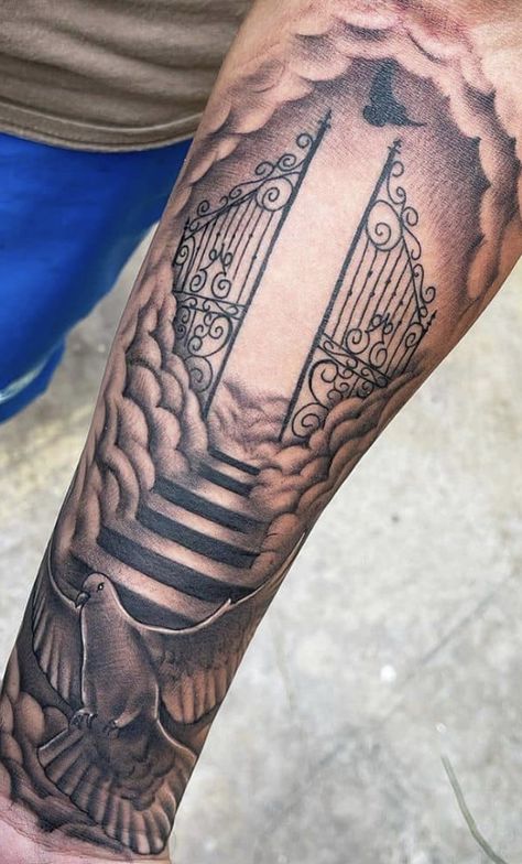 Stairs To Heaven Tattoo, Gates Of Heaven Tattoo, Xmen Tattoo, Stairway To Heaven Tattoo, Religious Tattoo Sleeves, Cloud Tattoo Sleeve, Rip Tattoo, Polka Tattoo, Heaven Tattoos