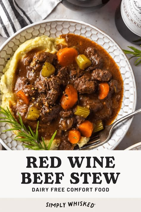 This easy, red wine beef stew is tender and delicious! It's filled with veggies and seasoned with rosemary and thyme - creating a hearty comfort food. Serve it over dairy free mashed potatoes or with drop biscuits complete meal! Rosemary Beef Stew, Wine Beef Stew, Red Wine Beef Stew, Red Wine Beef, Dairy Free Mashed Potatoes, Dairy Free Soup, Rosemary And Thyme, Hearty Comfort Food, Dairy Free Dinner