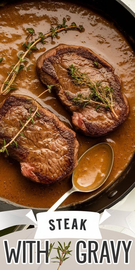 Easy Steak with Gravy! Elevate your dinner game with this simple yet flavorful steak and gravy recipe! Juicy steak cooked to perfection, drenched in a mouthwatering homemade gravy. Steak Sauces Recipes Easy, Gravy For Steak, Round Steak Gravy, Steak Sauce Easy, Steak Gravy Recipe, Steak And Gravy Recipe, Steak Gravy, Steak With Gravy, Deer Steak