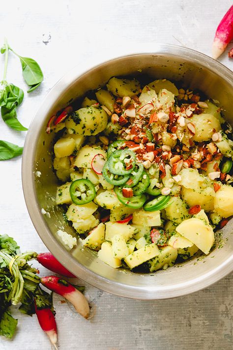 Thai Basil Pesto, Pesto Potato Salad, Potato Salad No Mayo, Pesto Uses, Making Potato Salad, Quick Pickled Radishes, French Potato Salad, Pesto Potatoes, Salad Inspiration