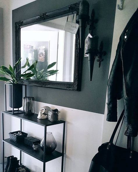 Black Masculine Living Room, Modern Goth Office, Goth Modern Decor, Goth Entryway Ideas, Minimal Goth Decor, Goth Esthetician Room, Goth Entryway, Modern Goth Bedroom, Minimalist Goth Bedroom