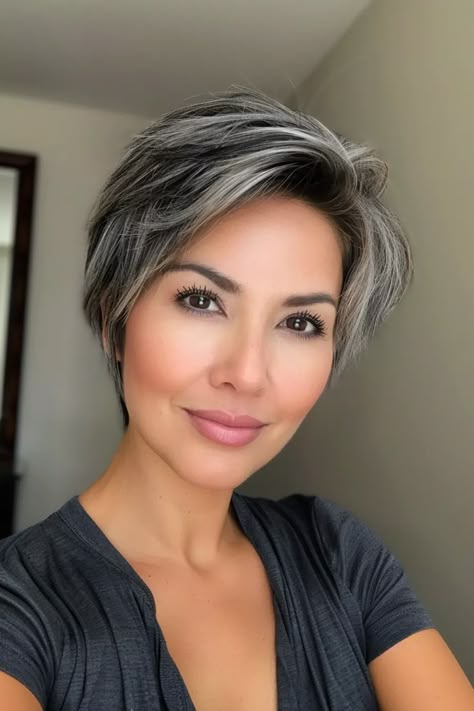 Hair Color Ideas For Salt And Pepper, Salt And Pepper Hair Short, Shoulder Length Salt And Pepper Hair, Makeup For Salt And Pepper Hair, Dark Gray Hair Color, Long Bob Salt And Pepper, Salt Snd Pepper Wigs, Salt And Pepper Hair Color, Pepper Hair Color