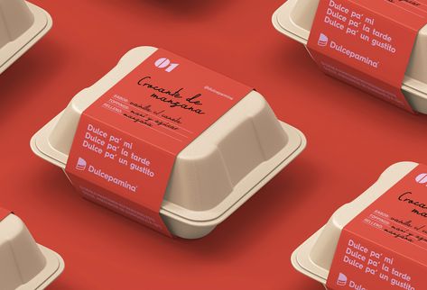 Kisho - - World Brand Design Society / For Dulcepamina a versatile and intimate graphic system was designed at the communication level. The labels on the packages suggest that there may be a human part in them, writing down the name of the dessert, as well as the inputs that each sweet carries. If we talk about the color palette, we highlight the red that par excellence has very positive... Personalized Food Packaging, Food Box Sleeve Packaging Design, Eco Friendly Cookie Packaging, Cute Dessert Packaging, Dessert Branding Design, Box Sleeve Design, Red Packaging Design, Sleeve Packaging Design, Dessert Color Palette