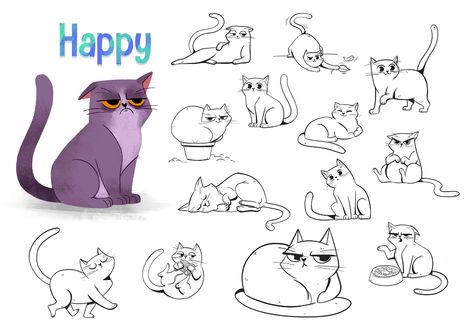 Amy and Happy - Concept art / drops on Behance Cat Concept Art Character Design, Cat Concept Art, Dogs Reference, Concept Art Props, Cat Character Design, Cat Animation, Cartoon Cat Drawing, Character Design Concept Art, Animation Character Design