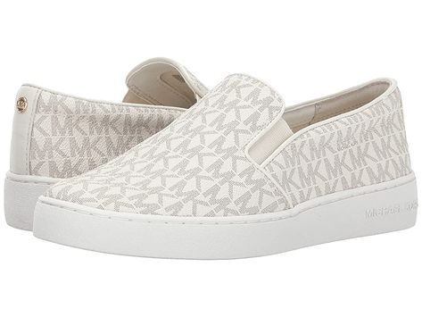 MICHAEL Michael Kors Keaton Slip-On (Vanilla Mini MK Logo Coated Canvas/Suprema Nappa Sport) Women's Slip on  Shoes. Lift up your casual look in the Keaton Slip On from MICHAEL Michael Kors. Logo PVC upper. Easy slip-on wear. Closed-toe sneaker. Elastic gore panels on side. Synthetic lining. Lightly padded footbed. Rubber outsole. Imported. Measurements: Weight: 13 oz Product measurements were taken using size 9  width M. Plea #MICHAELMichaelKors #Shoes #ClosedFootwear #SliponCasual #White Michael Kors Slip On, Mk Shoes, Simple Work Outfits, Simple Work, Michael Kors Logo, Women's Slip On Shoes, Mk Logo, Michael Kors Shoes, Sneakers Boots